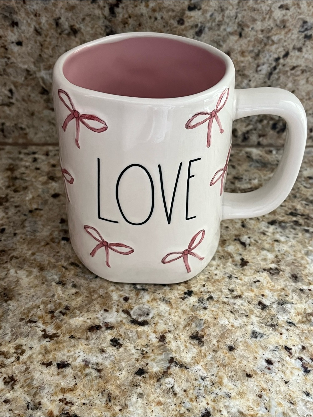 Rae Dunn White Love Mug with Pink Interior and Bow Accents Valentines